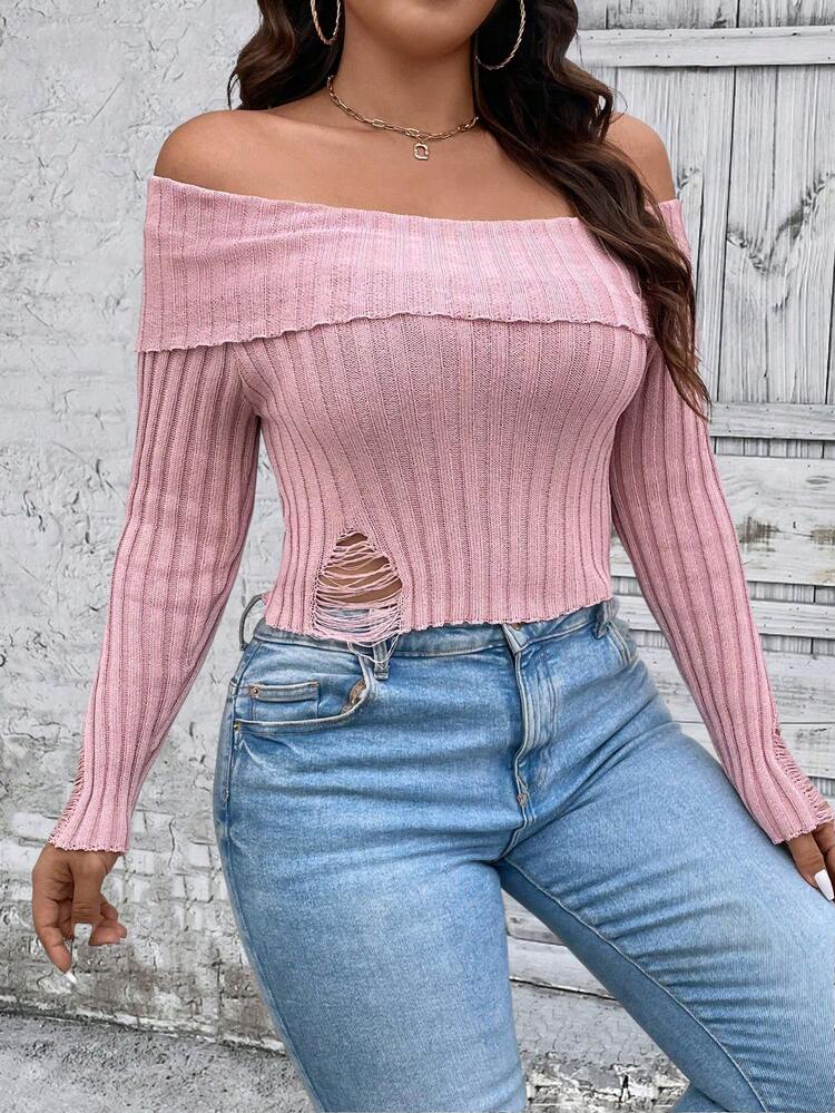 Plus Size Solid Color Off Shoulder Cut-Out Sweater Knit Pullover Fall Winter