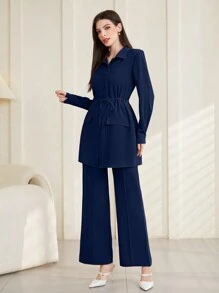 Mulvari Conjunto de 2 piezas de blusa de manga larga y pantalones sencillos y lisos para uso diario para mujer