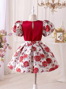 Young Girl Mommy And Me Matching Outfits Summer,7th Birthday Color Block Round Neck Top Textured Puff Sleeves Jacquard Pleated Skirt Set(2 Pcs Sold) - Red - View 2
