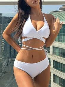 DAZY Set bikini alb pentru femei, costum de baie, set bikini sexy pentru vacanță, vară, plajă, costum de baie tankini