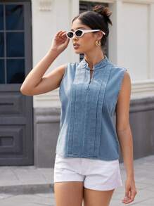 SHEIN Essnce Women's Denim Sleeveless Top With Cutout V-Neck For Summer - Medium Wash - View 4