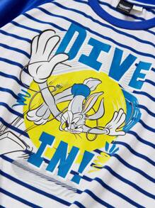 LOONEY TUNES X SHEIN 男孩卡通字母印花套裝，短袖連Raglan袖條紋休閒T恤和短褲，夏季短袖套裝 - 藍色 - 查看 7