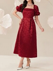 Modelyn 勃艮第红优雅女士夏季蝴蝶提花泡泡袖长裙 - 酒紅色 - 查看 2