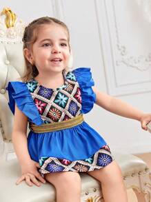 Ensemble de 2 pièces pour fille bébé, top imprimé rétro bleu conservateur et élégant et shorts avec détail de ruban tissé en or, tenues décontractées d'été - Multicolore - Voir 3