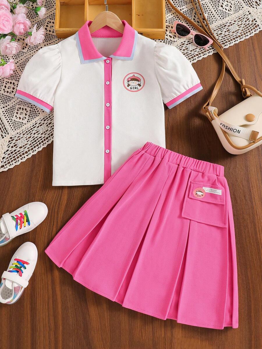 Conjunto casual de 2 piezas de blusa blanca y falda rosa para niña preadolescente - Rosa - Ver 1