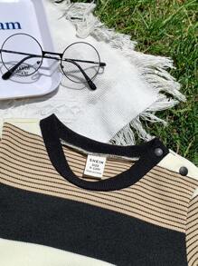 SHEIN 針織條紋短袖連體衣，適用於男女寶寶，帶有紐扣襠，適用於夏季 - 彩色 - 查看 4