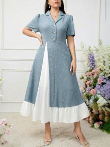 Seusyu Vestido largo de burbuja elegante de estilo árabe de talla grande para mujeres con tejido jacquard, cuello de contraste y manga corta abullonada para verano - Multicolor - Ver 7