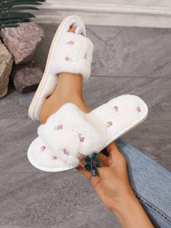 Women's Embroidered Bow Fabric House Slippers, Suitable For Indoor Wear In All Seasons, Flat Strap Women Slippers, Home Floor Slippers