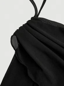 SHEIN MOD Women's Black Flared Pants With Drawstring Ruffles On Both Sides, Pants For Music Festivals, Flared Pants For Street Wear, Pants For Daily Outings, College Style Pants