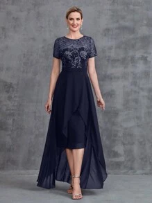 Women' Embroidered Sequins Contrast Chiffon Dress - Navy Blue - View 2