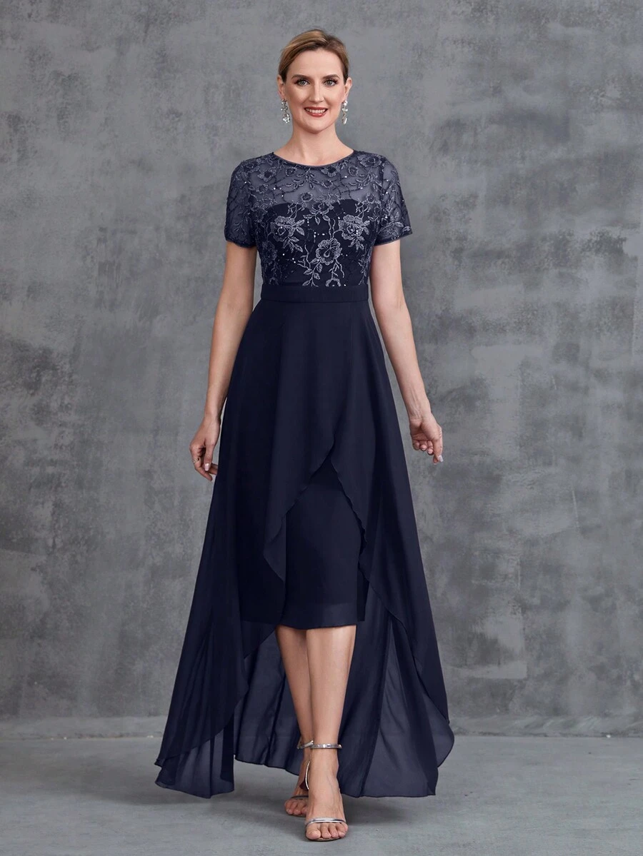 Women' Embroidered Sequins Contrast Chiffon Dress