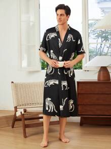 V-Neck Belted Blue Floral Printed Short Sleeve Loungewear Robe