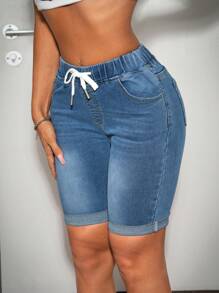 SHEIN PETITE 女士藍色牛仔短褲，彈性腰帶和綁帶，休閒修身，中長款高腰牛仔短褲，夏季短褲，牛仔女郎摩托車女士短褲 - 中等水洗藍 - 查看 3