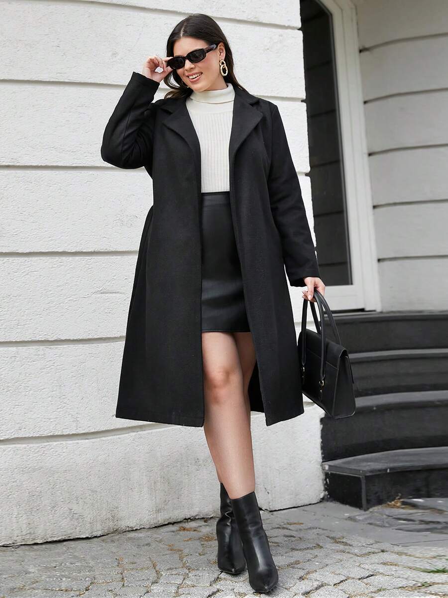 RueChic Abrigo de mujer con cuello abierto de solapa de algodón talla grande - Negro - Ver 1
