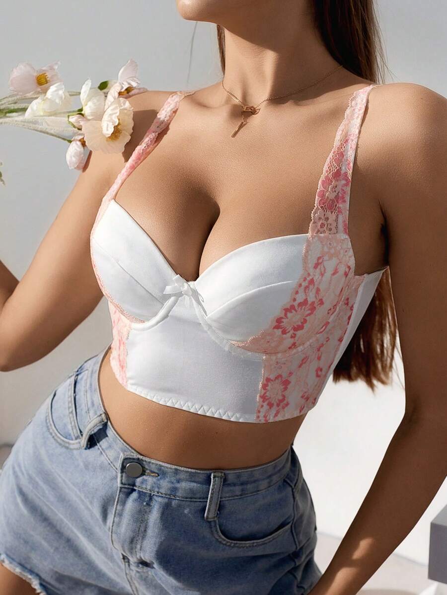 SHEIN Áo ba lỗ phối ren khối màu có trang trí nơ, lớp nền bốn mùa - Hồng - Xem 1