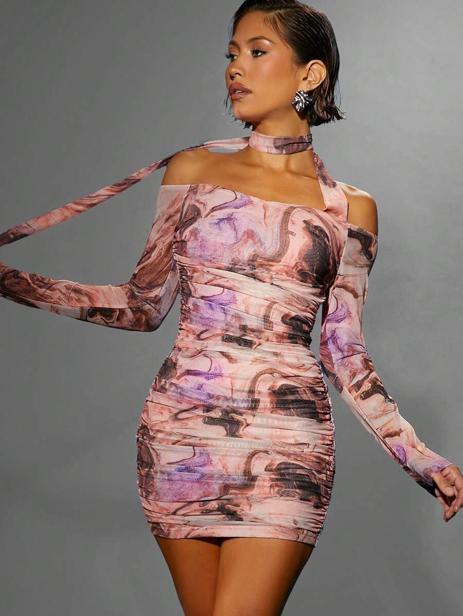 Hauture Đầm trễ vai in họa tiết đá cẩm thạch - Nhiều màu - Xem 1