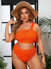 Swim Vcay Bộ đồ bơi Tankini màu trơn cổ bất đối xứng cỡ lớn đi biển mùa hè - Màu Cam cháy - Xem 6