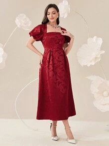Modelyn 勃艮第红优雅女士夏季蝴蝶提花泡泡袖长裙 - 酒紅色 - 查看 1