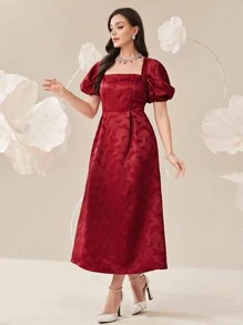 Modelyn 勃艮第红优雅女士夏季蝴蝶提花泡泡袖长裙 - 酒紅色 - 查看 6