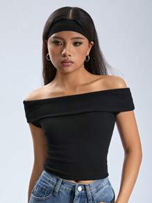 SHEIN Teen Girl Black Off Shoulder Tight Knit Ribbed Top T-Shirt
