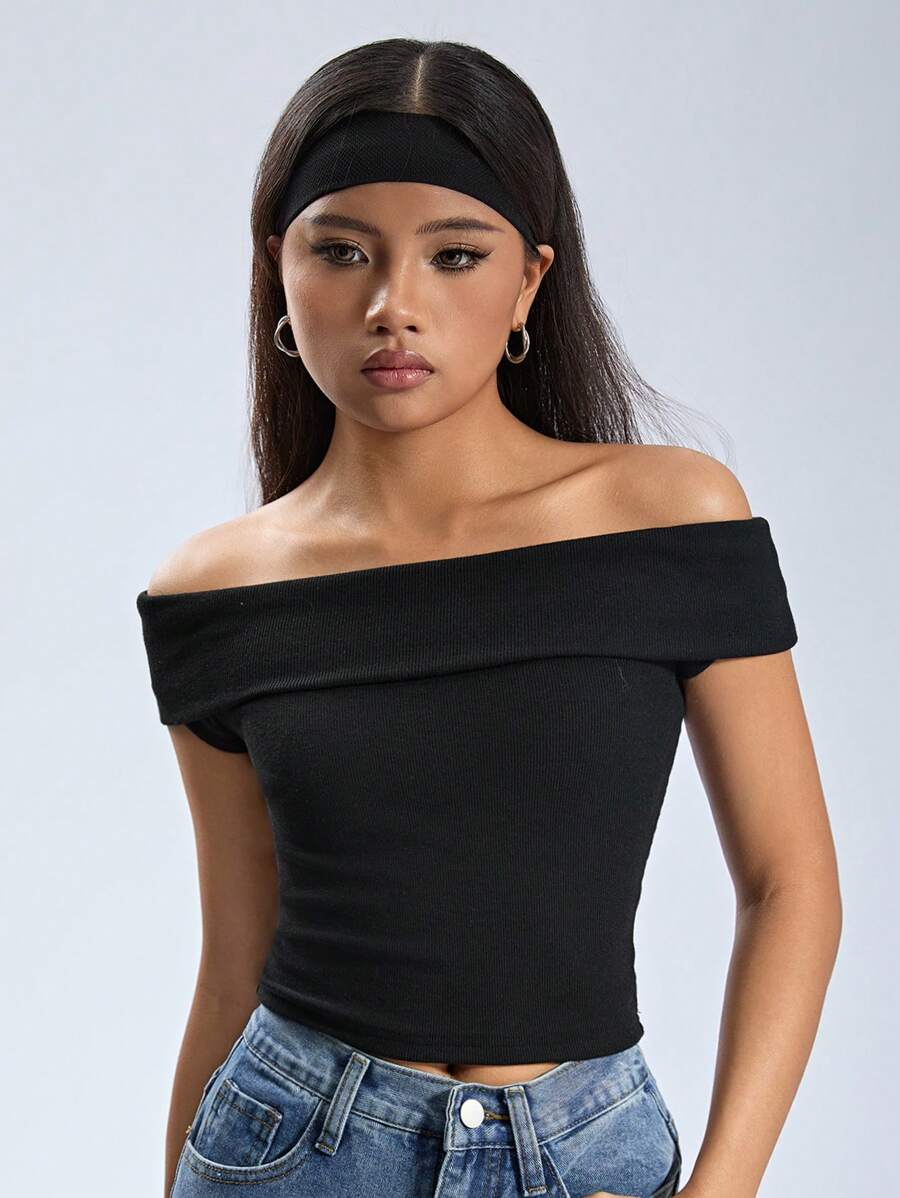 SHEIN Teen Girl Black Off Shoulder Tight Knit Ribbed Top T-Shirt