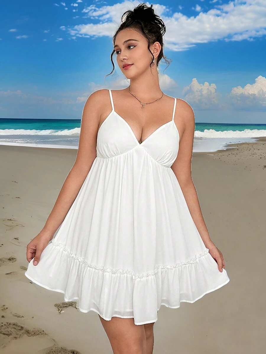SHEIN EZwear Women's Plus Size Solid Color Ruffled Hem Tank Top Dress - White - View 1