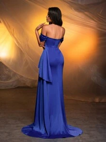 Glamrae Elegante, hermoso y encantador vestido formal de noche con hombros descubiertos, cuello cerrado de sirena, copa de seno con lentejuelas, línea espiga, volantes laterales escalonados con paneles flotantes amplios, aberturas altas que barre el piso, adecuado para bodas, despedidas de soltero, vacaciones y ceremonias de graduación, bailes, cenas, fiestas y eventos - azul real - Ver 3