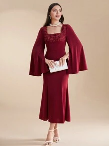 Modelyn Burgundy Red Women's Summer Solid Color Square Neck Flared Sleeve Pleated Party Matching Dress, Evening Party Dress Long Evening Dresses
