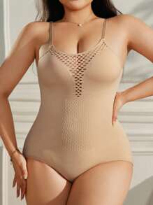 Bodysuit Seksi Berlubang Tanpa Jahitan Ukuran Besar, Bernapas, Terusan - Aprikot - View 4