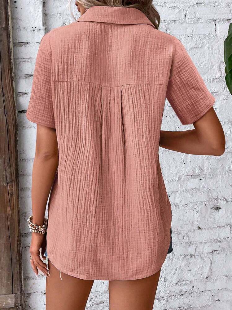 SHEIN LUNE Women Summer Solid Color Pocket Short Sleeve Loose Casual Shirt - Pink - View 2