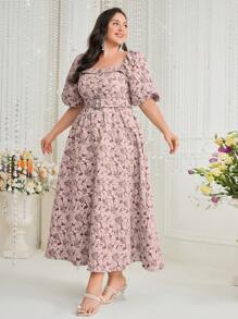 Modelyn Plus Size Women's Fashionable And Elegant Printed Waist Cinched Puff Sleeve Dress Long Evening Dresses - Pink - View 4