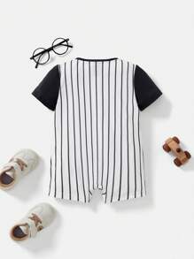 LOONEY TUNES X SHEIN Baby Boy Cartoon Taz Printed Striped Athletic Style Color Block Short Sleeve Romper Set, Summer - White - View 2