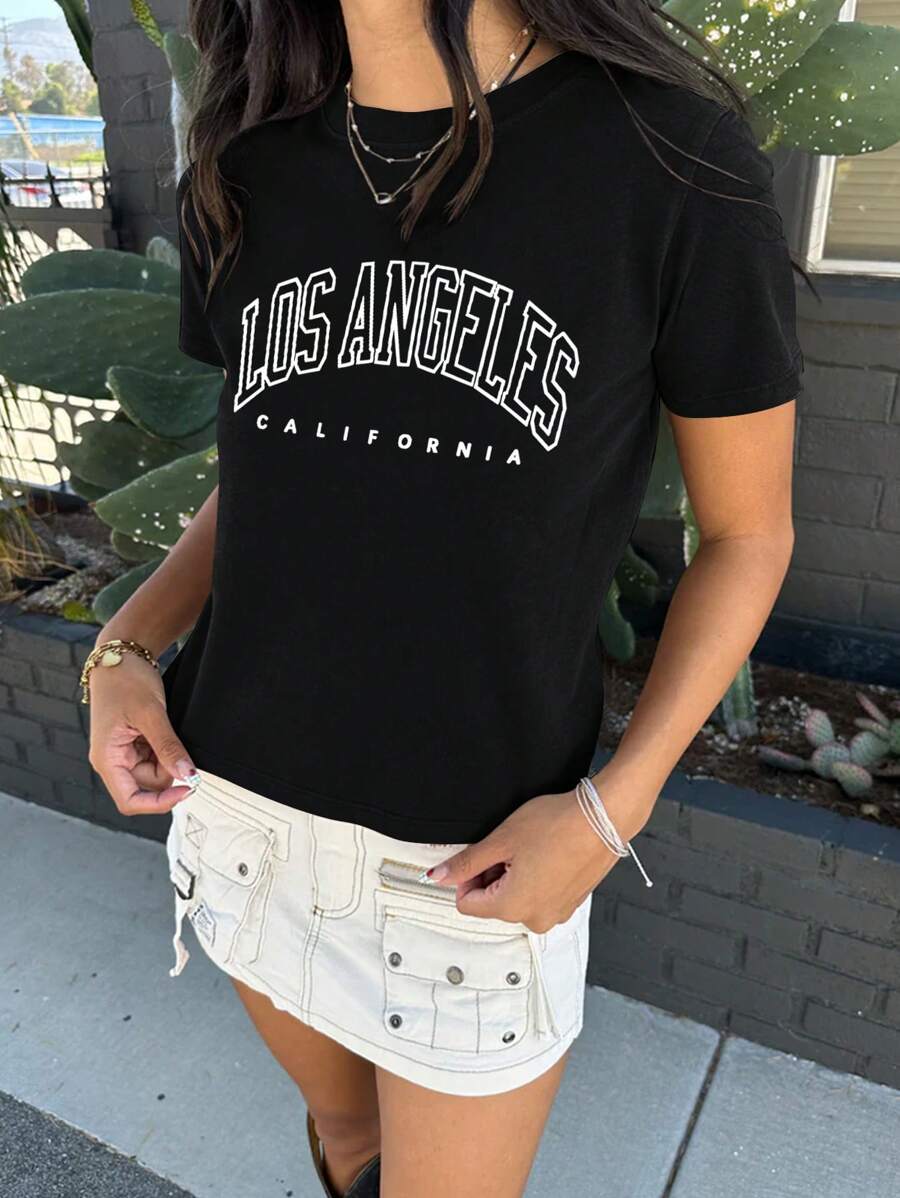 SHEIN EZwear Áo thun nữ Lá thư Giải trí - màu đen - Xem 1