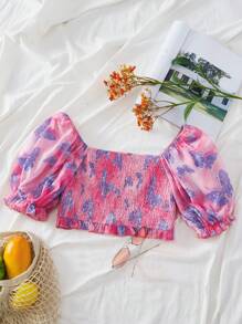 SHEIN VCAY Camisa de mujer de ajuste estrecho estilo vacacional con mangas cortas de burbuja con patrón impreso tejido y escote cuadrado - Rosa - Ver 1
