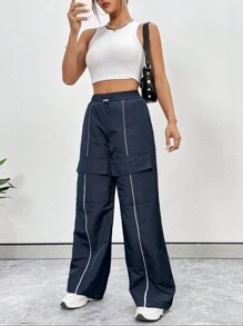 Flirla Pantalones rectos informales para mujeres con borde fluorescente