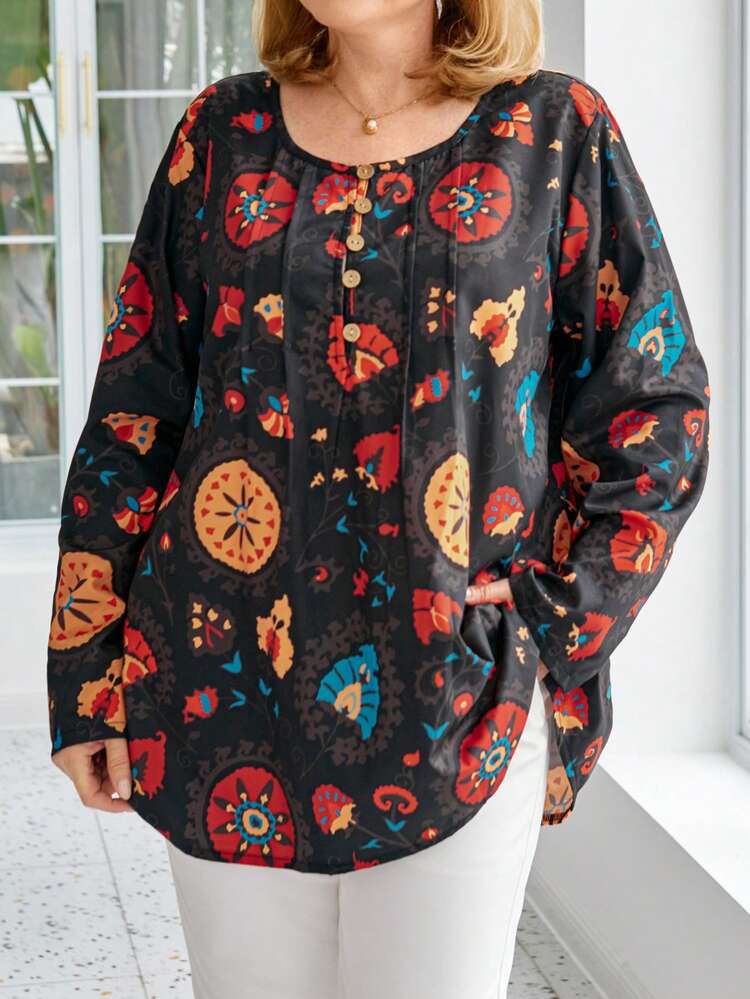 Plus Size Vacation Casual Flower Printed Long Sleeve Shirt