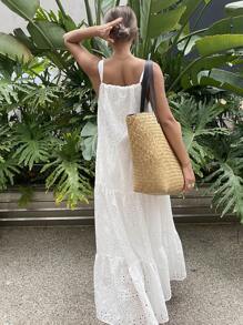 DAZY 女式夏季镂空刺绣荷叶边下摆连衣裙，度假吊带背心裙，邮轮女装太阳裙，返校服