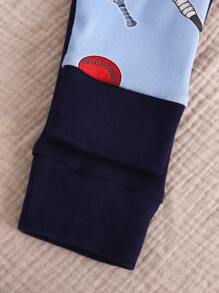 SHEIN Ensemble pyjama 4 pièces pour garçon, ajusté et confortable - Ensemble de haut imprimé lettre à manches courtes et pantalon à col bloc de couleur, ensemble de haut imprimé à manches longues et pantalon avec motif de raquette de tennis - Bleu azur - Voir 4