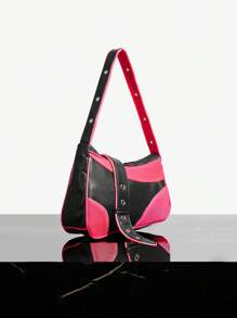 SHEIN SXY Women's Fashionable Street Sports Style Woven Hobo Bag With Underarm And Shoulder Straps, Motorcycle And Racing Style Splicing - Black - View 3