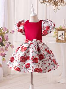 Young Girl Mommy And Me Matching Outfits Summer,7th Birthday Color Block Round Neck Top Textured Puff Sleeves Jacquard Pleated Skirt Set(2 Pcs Sold) - Red - View 3