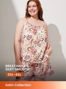 LUVLETTE Women Plus Floral Pattern Satin Cami And Short Pajama Set Lounge Set Lingerie - Coral Orange - View 1