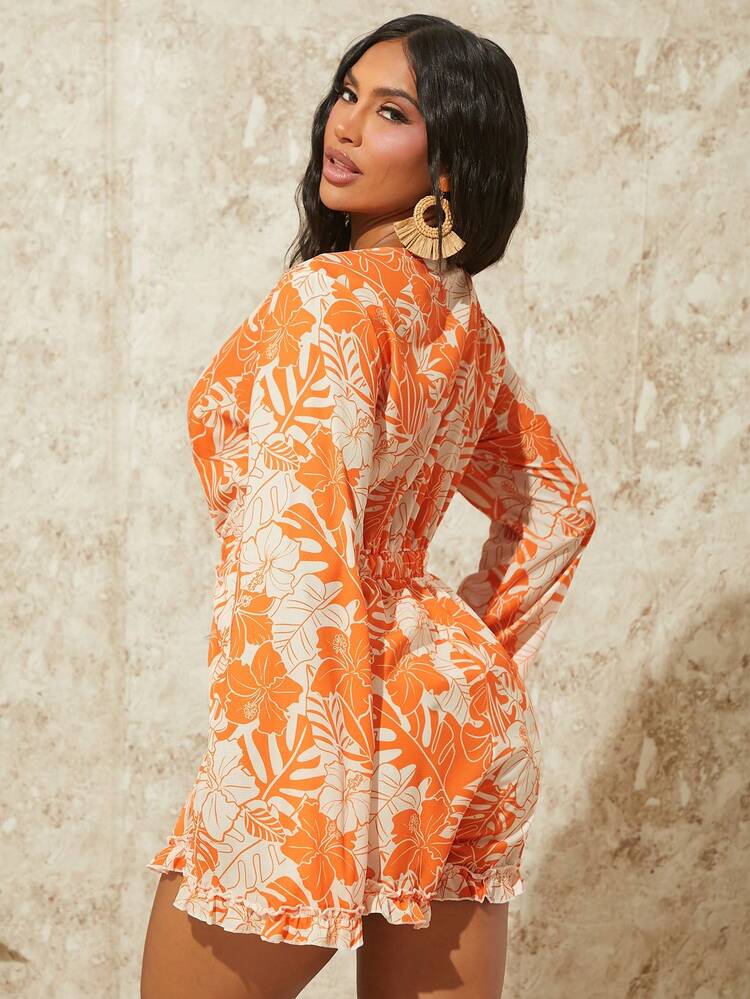 Women's Tropical Print Beach Vacation Short Sleeve Jumpsuit With Flared Sleeves And Elastic Waist