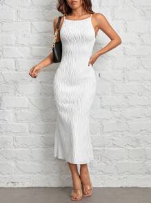SHEIN PETITE Solid Fuzzy Cami White Textured Long Dress - White - View 8