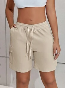 Street Style White Contrast Color Drawstring Elastic Waist Flap Pocket Straight Leg Casual Cargo Shorts, Spring Summer - 杏色 - 查看 3