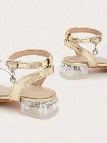 Girls' Chunky High-Heel Sandals, Golden Butterfly & Silver Rhinestone Embellished Shiny Shoes, For Spring/Summer/Autumn - Gold - View 5
