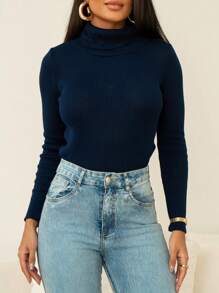 Áo len dệt kim có gân cao cổ trơn Slim Fit - Màu xanh ngọc - Xem 4