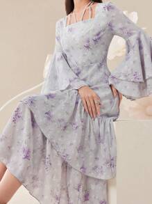 Modelyn 女士优雅花卉印花长袖连衣裙，方形领口，荷叶边下摆，短袖，夏季长款晚礼服 - 彩色 - 查看 3