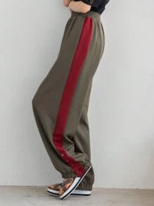 FRIFUL Mujeres Pantalones holgado de bloques de color lateral a la moda para uso casual
