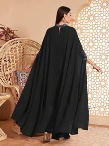 Women's Solid Color Stand Collar, Cuff & Neckline Embellished With Beading, Rhinestones, Asymmetrical Hem Long 2 Pieces Arabic Abaya, Suitable For Various Occasions Like Festivals, Gatherings, Daily Wear, Soft & Comfortable - Black - View 2