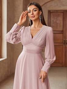Plunging Neck Long Sleeve Maxi Formal Dress - Baby Pink - View 6